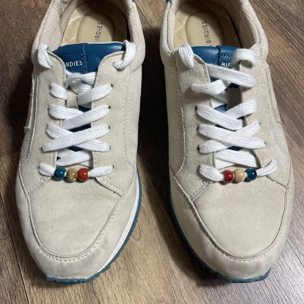 Birdies Suede Sneakers Womens 8 Cream Blue Lace Up Comfort Casual